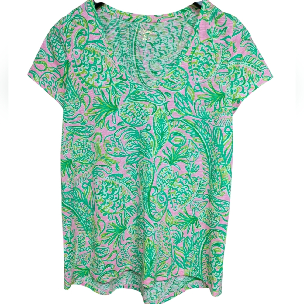 Lilly Pulitzer Etta V-Neck Mandevilla Baby Fins and Flippers Print Size Small